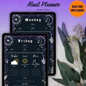 May include: A digital printable meal planner with a celestial theme. The planner features a black background with white illustrations of stars, moons, and eyes. The planner is divided into sections for Monday and Friday, with space for meals, snacks, and water intake.