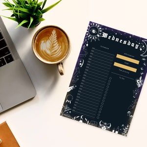 digital and printable planner with a witchy goth dark mode style, has everything from budget to academic planners, to do lists, reading journal and sleep, mood and habit trackers