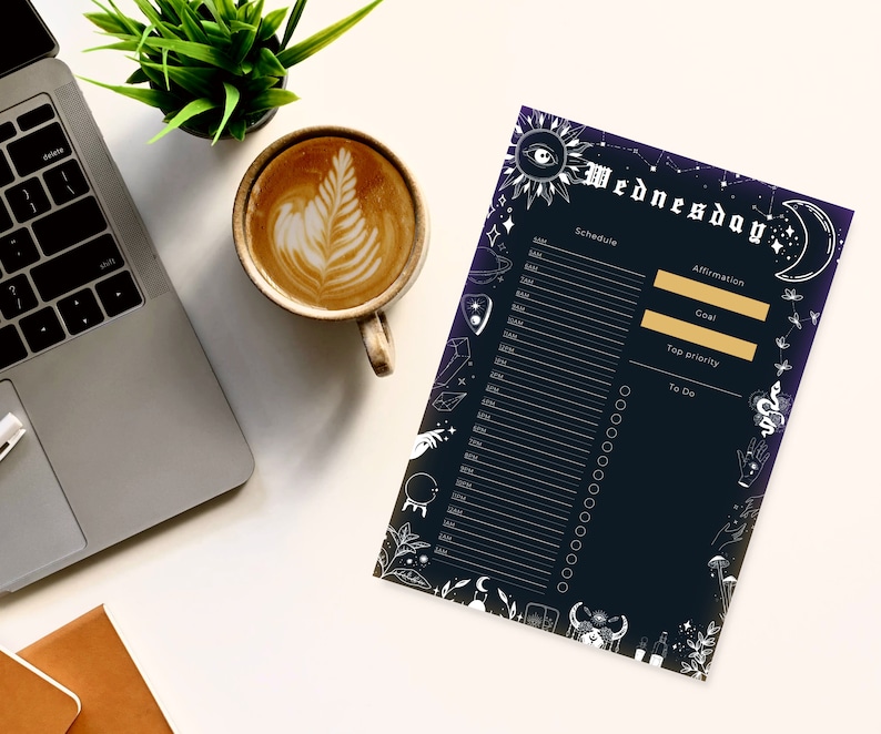 digital and printable planner with a witchy goth dark mode style, has everything from budget to academic planners, to do lists, reading journal and sleep, mood and habit trackers