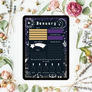 digital and printable planner with a witchy goth dark mode style, has everything from budget to academic planners, to do lists, reading journal and sleep, mood and habit trackers