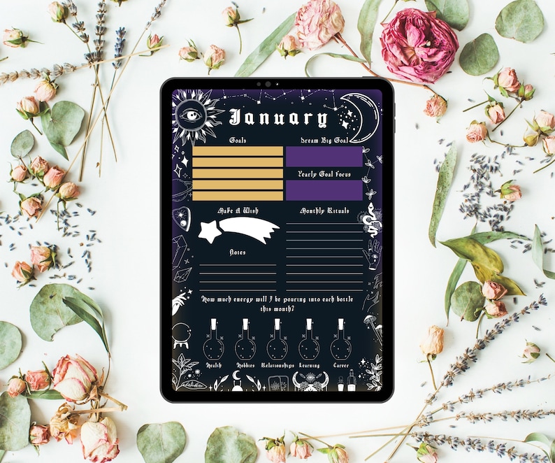 digital and printable planner with a witchy goth dark mode style, has everything from budget to academic planners, to do lists, reading journal and sleep, mood and habit trackers