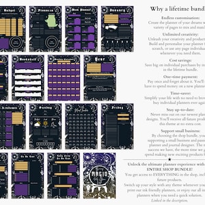 May include: A digital planner bundle with a magical theme. The planner includes a variety of pages for budgeting, work planning, travel, and more. The bundle also includes a weekly planner, a to-do list, and a monthly calendar. The planner is designed with a black background and purple accents. The text "Why a lifetime bundle?" is displayed at the top of the image.