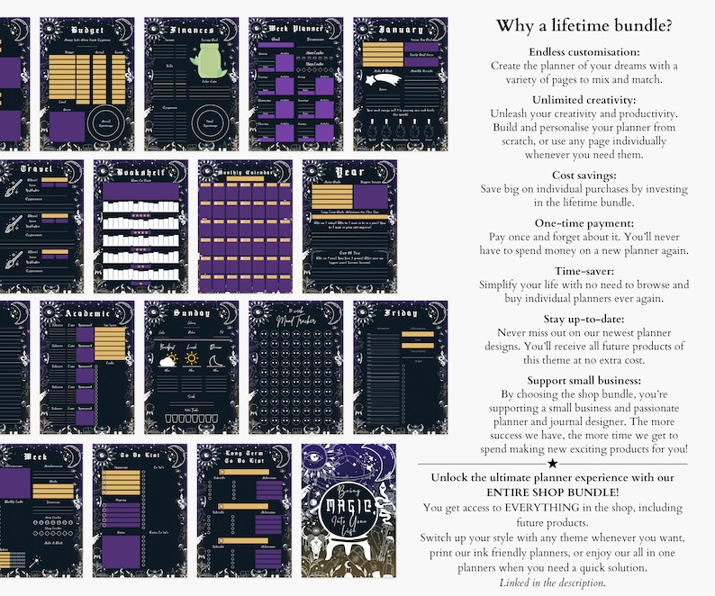 May include: A digital planner bundle with a magical theme. The planner includes a variety of pages for budgeting, work planning, travel, and more. The bundle also includes a weekly planner, a to-do list, and a monthly calendar. The planner is designed with a black background and purple accents. The text "Why a lifetime bundle?" is displayed at the top of the image.