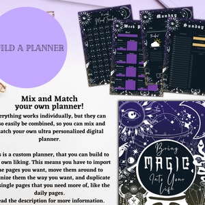 digital and printable planner with a witchy goth dark mode style, has everything from budget to academic planners, to do lists, reading journal and sleep, mood and habit trackers