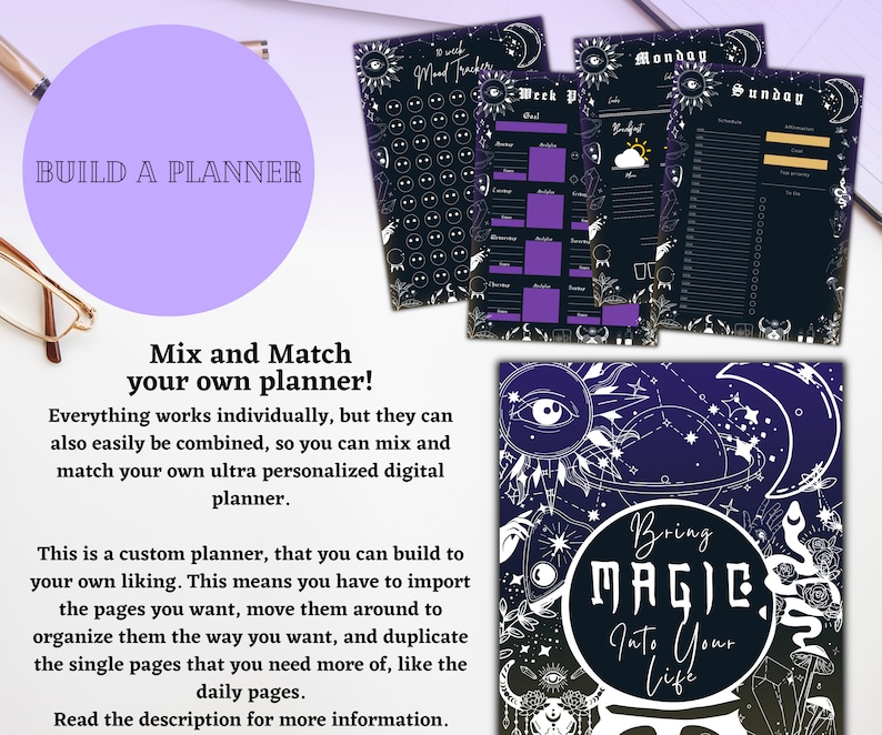 digital and printable planner with a witchy goth dark mode style, has everything from budget to academic planners, to do lists, reading journal and sleep, mood and habit trackers