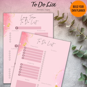 May include: Pink printable to-do list with gold glitter accents. The list is divided into sections for long-term goals, milestones, important tasks, ongoing tasks, to-dos, and extra to-dos.