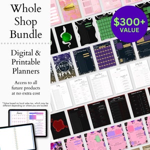 Può includere: Un pacchetto di planner digitali e stampabili con una varietà di design, tra cui bianco e nero, verde, viola e rosa. Il pacchetto include una varietà di planner, tra cui planner settimanali, mensili e giornalieri. Il testo "Whole Shop Bundle" e "$300+ VALUE" è visibile nell'immagine.