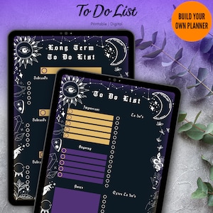 May include: A printable or digital to-do list planner with a celestial theme. The planner features a black background with white illustrations of a sun, moon, stars, and other celestial objects. The planner is divided into sections for long-term goals, important tasks, ongoing tasks, notes, and extra to-dos. The text "To Do List" is written in a gothic font.