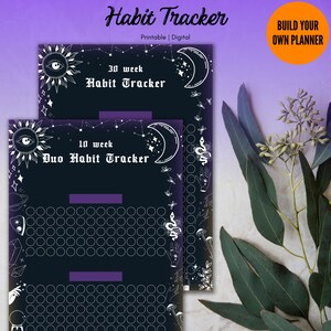 May include: Two printable habit trackers with a celestial theme. The top tracker is for 30 weeks and the bottom tracker is for 10 weeks. Both trackers feature a sun, moon, stars, and other celestial symbols. The text "Habit Tracker" and "Duo Habit Tracker" is included on the trackers. The text "Build Your Own Planner" is included at the top of the image.