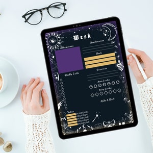 digital and printable planner with a witchy goth dark mode style, has everything from budget to academic planners, to do lists, reading journal and sleep, mood and habit trackers