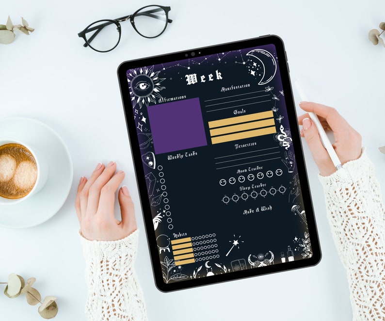 digital and printable planner with a witchy goth dark mode style, has everything from budget to academic planners, to do lists, reading journal and sleep, mood and habit trackers