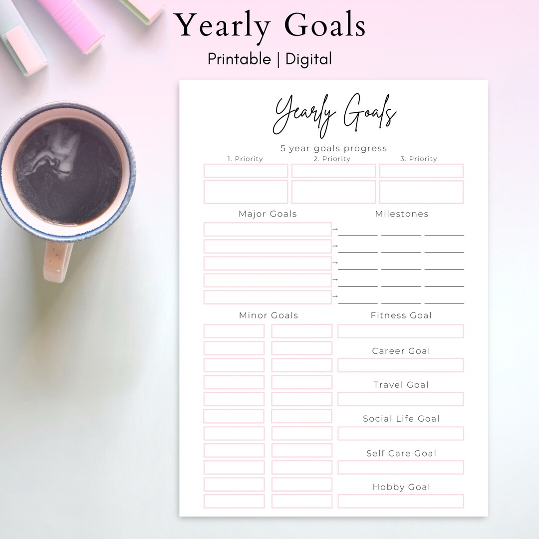 Printable Yearly Goals Planner, Fitness and Career Goals, 5 Year Goals ...