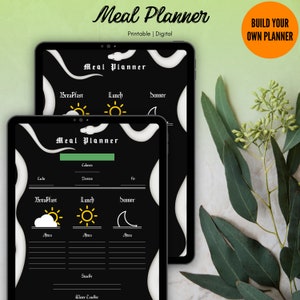 Puede incluir: Planificador de comidas imprimible con fondo negro y diseño de serpiente blanca. El planificador incluye secciones para el desayuno, el almuerzo y la cena, con espacio para hacer un seguimiento de las calorías, los carbohidratos, las proteínas y las grasas. El texto "Meal Planner" está escrito en una fuente gótica.