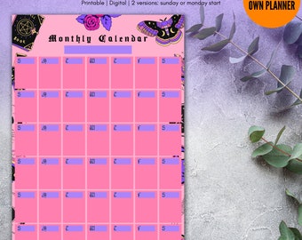 Pastel Goth Monthly Calendar, Witchy Printable Planner (Digital Download)