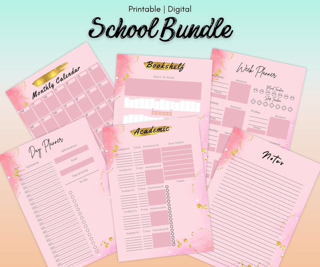 Academic Planner Bundle | Pink & Gold Printable Stationary (digital) - Etsy