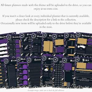 May include: A collection of printable planner pages with a dark purple and black color scheme. The pages feature a variety of layouts, including daily, weekly, and monthly planners. The pages are decorated with celestial and moon imagery.