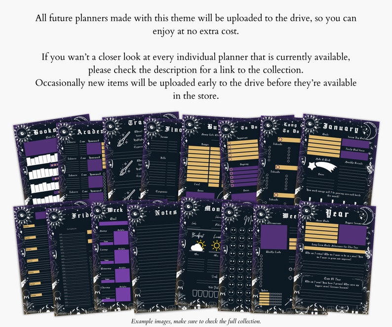 May include: A collection of printable planner pages with a dark purple and black color scheme. The pages feature a variety of layouts, including daily, weekly, and monthly planners. The pages are decorated with celestial and moon imagery.