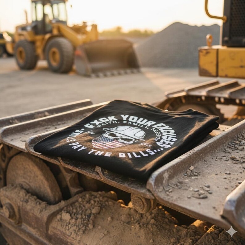 May include: Black t-shirt with a skull wearing a hard hat and a bandana in the American flag design. The shirt has the text "F*ck Your Excuses, Faith, Family, Freedom, Skills Pay The Bills..." in a circular design.