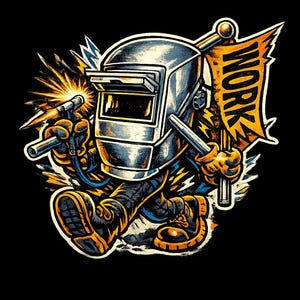 May include: Illustration of a cartoon welder in a silver helmet, holding a welding torch and a banner that says "WORK". The image has a black background with yellow and blue accents.