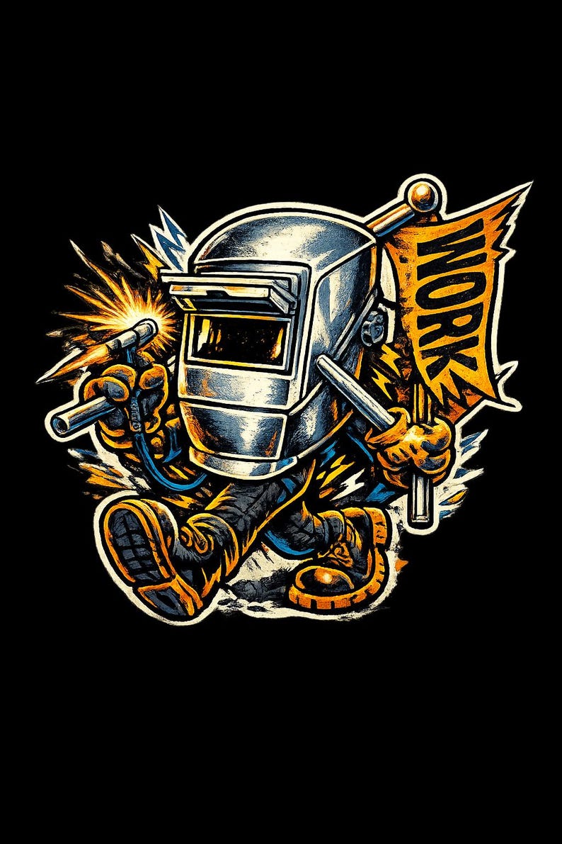 May include: Illustration of a cartoon welder in a silver helmet, holding a welding torch and a banner that says "WORK". The image has a black background with yellow and blue accents.