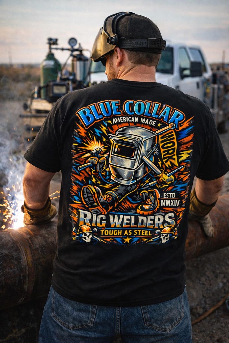 May include: Black t-shirt with a colorful graphic of a welding character, the words "Blue Collar American Made" and "Rig Welders Tough as Steel" are displayed. The shirt is worn by a person wearing a welding helmet.