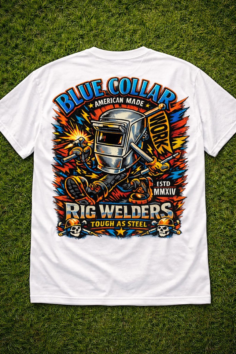 May include: White t-shirt with a colorful graphic featuring a welding helmet and the words "Blue Collar American Made" and "Rig Welders Tough as Steel." The design includes a worker with welding tools.