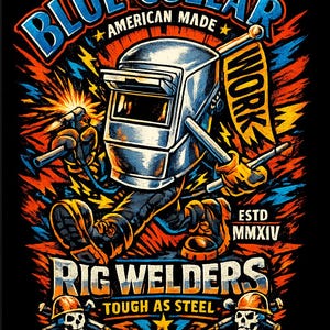 May include: A graphic illustration featuring a welding mask character with the text "BLUE COLLAR AMERICAN MADE" and "RIG WELDERS TOUGH AS STEEL." The design uses a vibrant color palette of blue, orange, and yellow, with a black background. The character is holding welding tools.