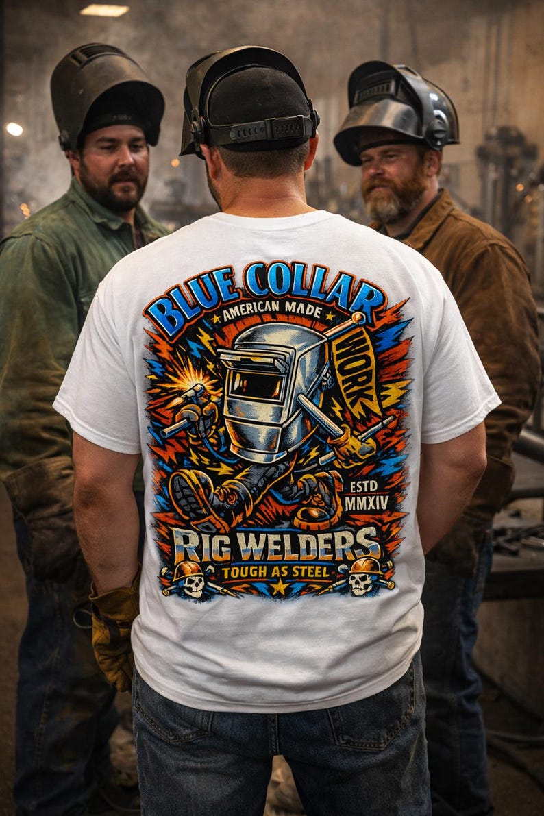 May include: White t-shirt with a colorful graphic featuring a welding mask, sparks, and the words "Blue Collar American Made" and "Rig Welders Tough as Steel." The shirt is worn by a person standing with two other people wearing welding helmets.