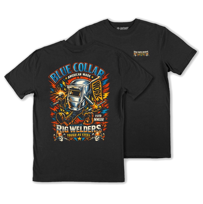 May include: Black t-shirts with a colorful graphic design. The design features a welding mask, the text "BLUE COLLAR AMERICAN MADE WORK RIG WELDERS TOUGH AS STEEL", and the establishment year MMXIV.