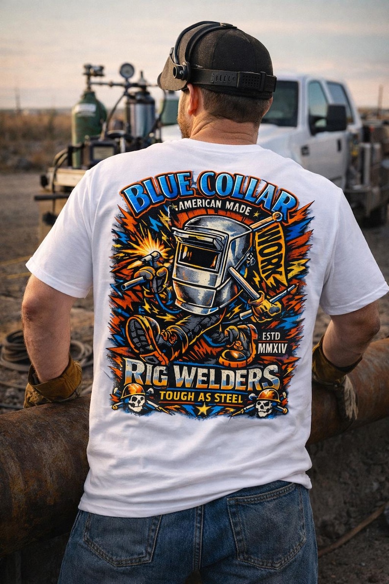 May include: White t-shirt with a colorful graphic of a welding figure, the text "BLUE COLLAR WORK AMERICAN MADE RIG WELDERS TOUGH AS STEEL ESTD MMXIV" is displayed. The shirt is worn by a person wearing a black cap and gloves.