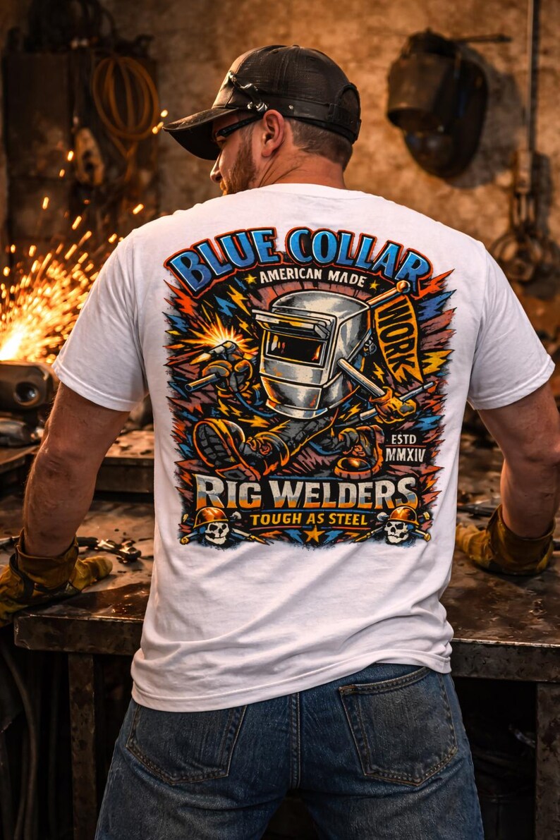 May include: White t-shirt with a colorful graphic featuring a welding scene. The design includes the words "BLUE COLLAR AMERICAN MADE WORK" and "RIG WELDERS TOUGH AS STEEL". The shirt has a crew neck and short sleeves.
