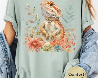Camiseta floral de dragón barbudo: camiseta vintage botánica para amantes de los reptiles