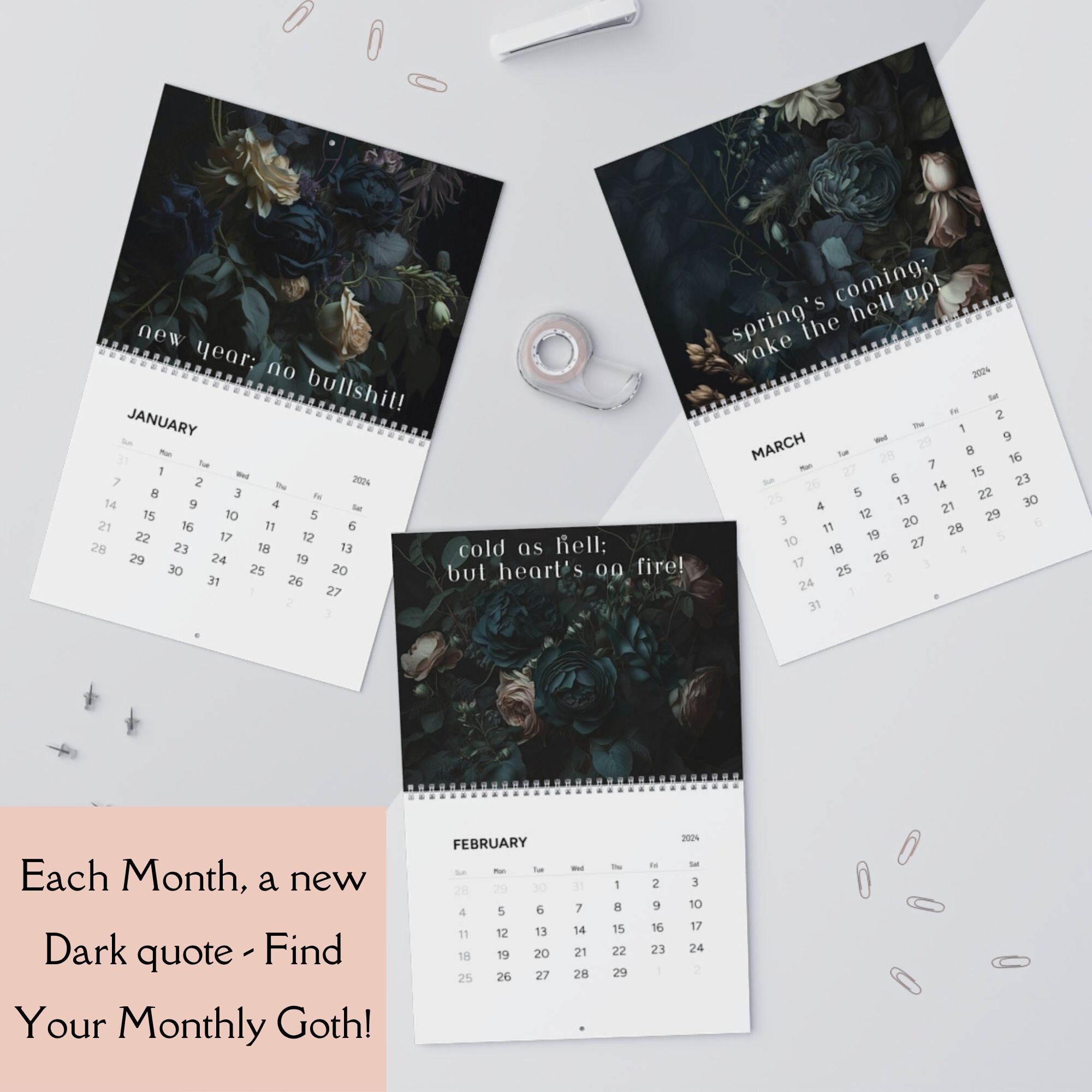 2024 wall calendar dark academia 2024 new year calendar cottagecore
