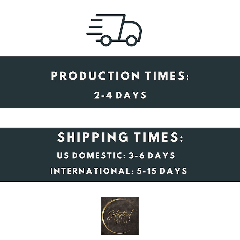 May include: A graphic of a delivery truck with the text "PRODUCTION TIMES: 2-4 DAYS" and "SHIPPING TIMES: US DOMESTIC: 3-6 DAYS INTERNATIONAL: 5-15 DAYS".