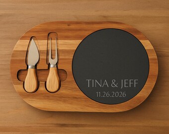 Engraved Acacia Wood Charcuterie Board with Slate, Personalized Cheese Tray