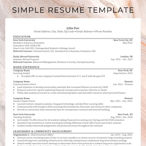 May include: A simple resume template with a black and white design. The resume includes a person's name, contact information, education, work experience, leadership and community involvement, skills and certifications, and interests. The resume is formatted with headings and bullet points.