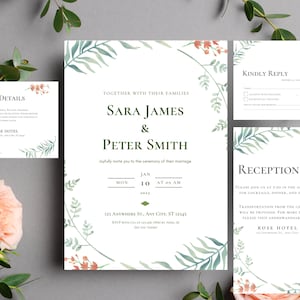 Floral Wedding Invitation Template Set, Editable Minimalist Wedding Invitation, Floral Wedding Invite, Invites Suite