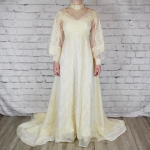 Vintage 70s dreamy lace high neck Edwardian wedding dress with train in Ivory