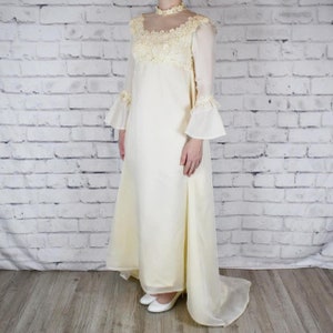 Vintage 70s white organza high neck Edwardian wedding dress with train
