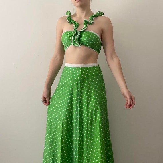 70s green polka dot crop top and skirt set women'… - image 6