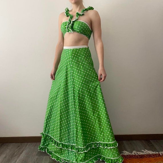 70s green polka dot crop top and skirt set women'… - image 1