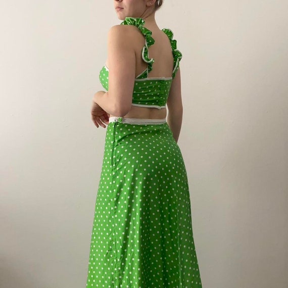 70s green polka dot crop top and skirt set women'… - image 3