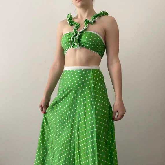 70s green polka dot crop top and skirt set women'… - image 2