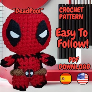 Könnte beinhalten: Häkelanleitung für eine rote Deadpool Amigurumi-Puppe. Die Anleitung ist einfach zu befolgen und beinhaltet einen PDF-Download. Die Anleitung ist sowohl in Englisch als auch in Spanisch verfügbar.