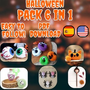 Puede incluir: Un paquete de 6 patrones de crochet amigurumi de Halloween en formato PDF. Los patrones incluyen una calabaza, una araña, un ojo, una botella de poción, una bruja y una dona. Los patrones están disponibles en inglés y español.