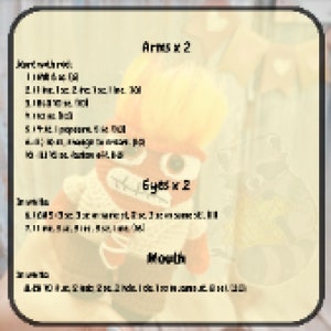 May include: A close-up of a red and white crocheted doll with a yellow hairpiece. The doll has two arms, two eyes, and a mouth. The text "Arms x 2", "Eyes x 2", and "Mouth" is written on the image.