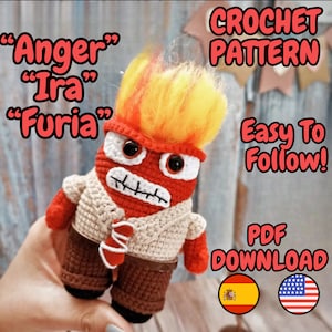 May include: Crochet pattern for a red and yellow amigurumi character with the text "Anger" "Ira" "Furia" and "Easy To Follow!" and "PDF DOWNLOAD".
