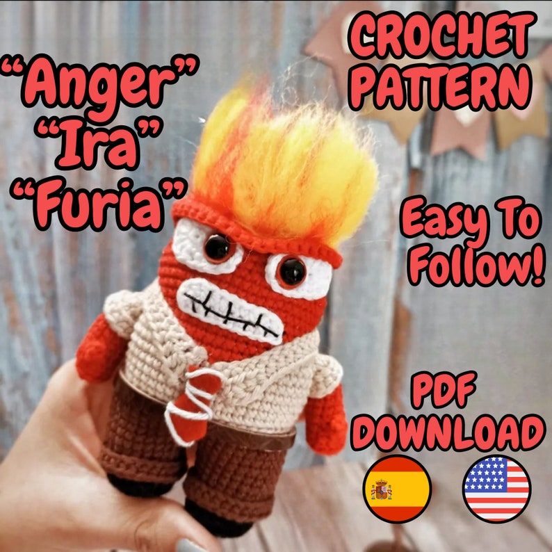 May include: Crochet pattern for a red and yellow amigurumi character with the text "Anger" "Ira" "Furia" and "Easy To Follow!" and "PDF DOWNLOAD".