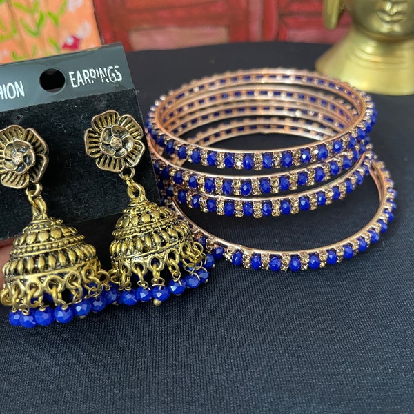 Jumka and Bangle set Bright Blue color antique gold tone earring with 4 nos of Special stone bangle combo set