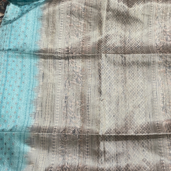 Pastel blue and grey with copper woven zari border jute silk saree light weight with all over butta Elegant soft saree